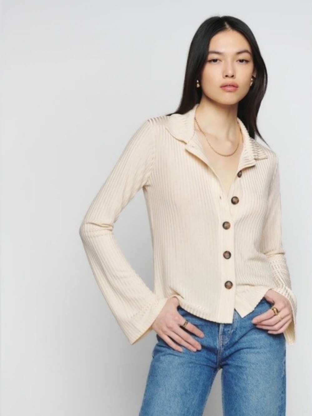 REFORMATION Esmeray Knit Top Long Sleeve Cream Size Small